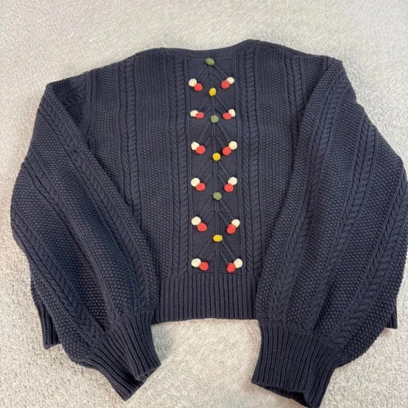 The GREAT The Frond Pom Pom Embellished Knit Cardigan Sweater Midnight Blue 2/M - Picture 6 of 12